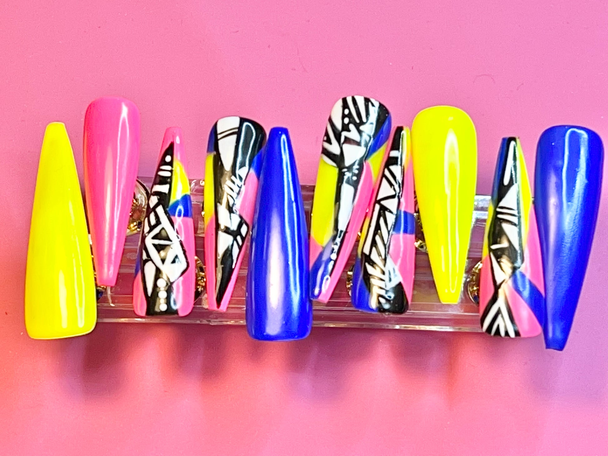 Pink, Yellow and Blue Nails featuring 4 Mosaic Nail Designs