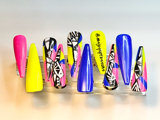 Pink, Yellow and Blue Nails featuring 4 Mosaic Nail Designs